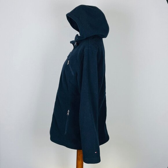 Tommy Hilfiger Fleece Jacket Sz M Hooded Zip Front Nautical Preppy Beach Neutral - Picture 5 of 8